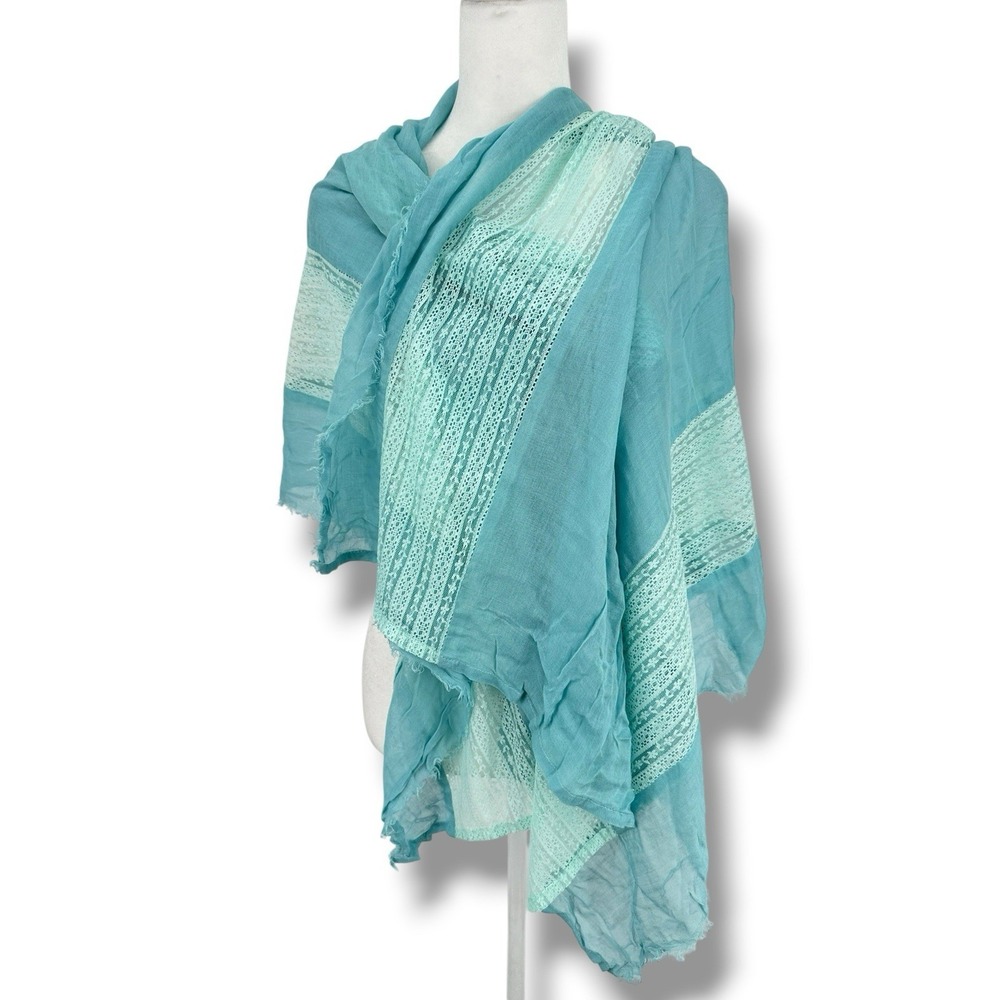 Sheer Lace Panel Scarf Shawl Wrap Aqua Blue Lightweight Boho Ethereal Fairy OS - Picture 2 of 7
